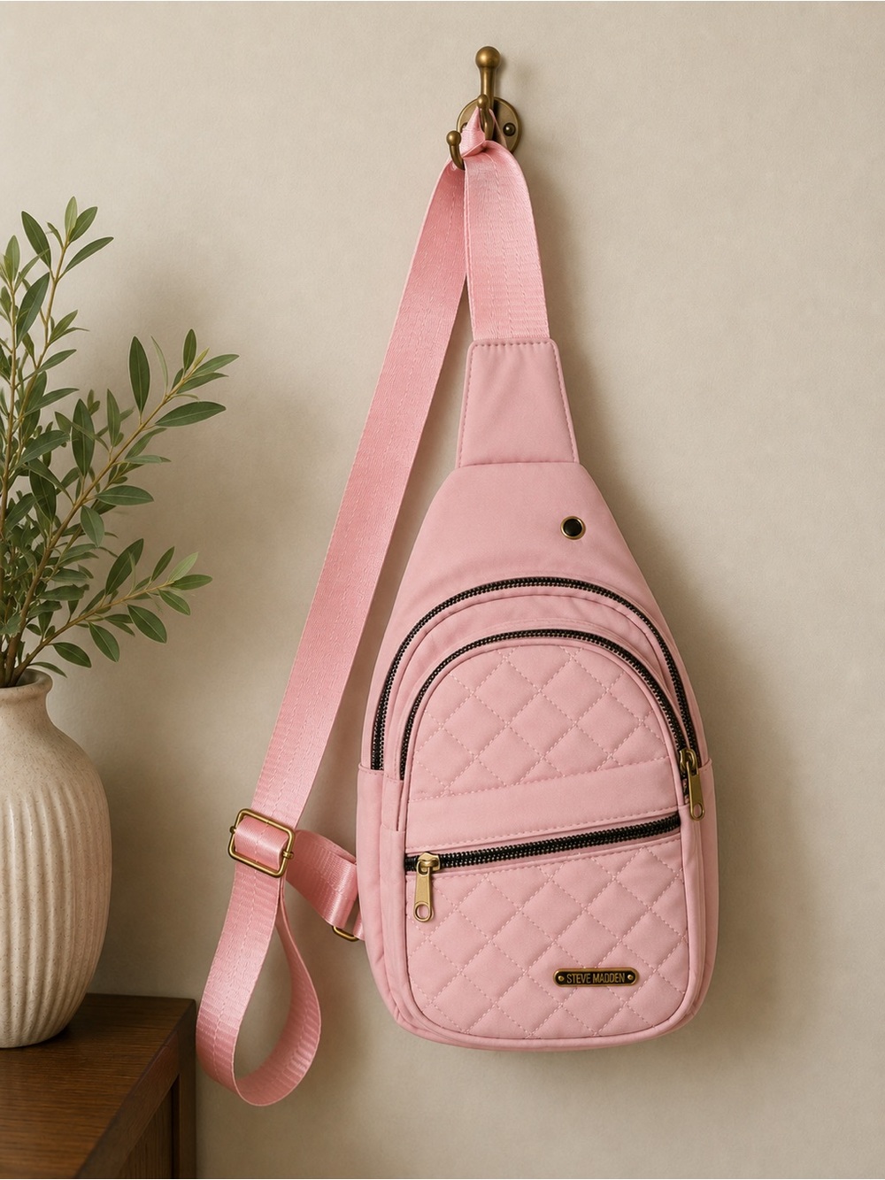 Pink Quilted Sling Backpack Crossbody Bag Adjustable Strap Travel Purse